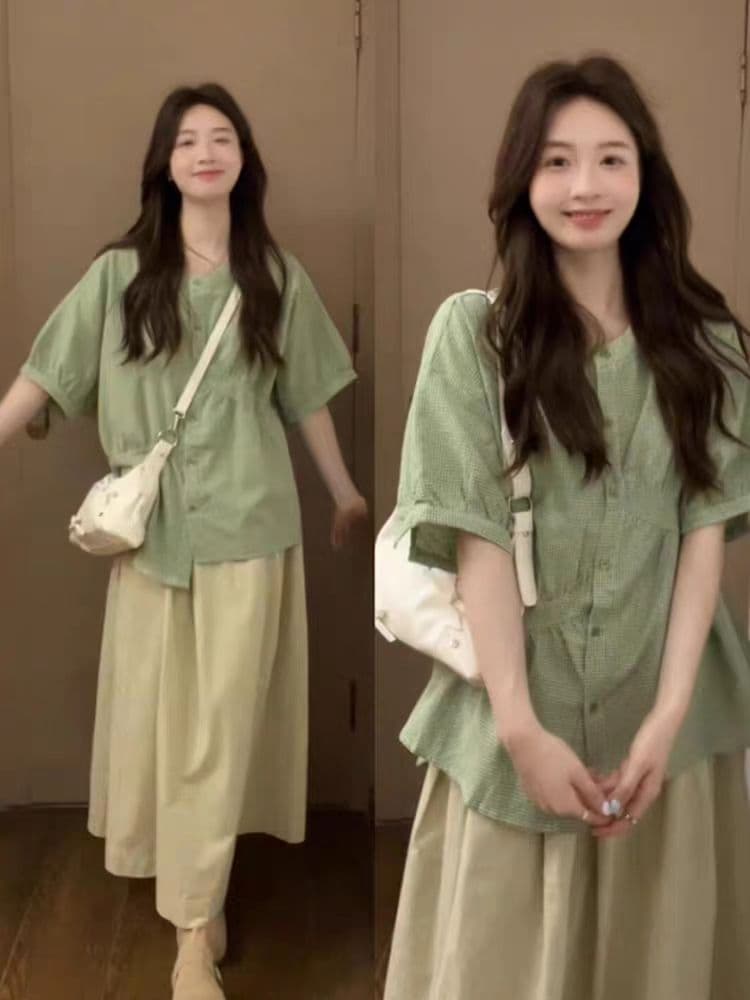 여름 드레스 코디 에이즈 환자 여성 세트 빅 사이즈 마이크로 지방 mm 표지 고기 슬림해 보이는 셔츠 맨위 반신 스커트 투피스 슈트 치마