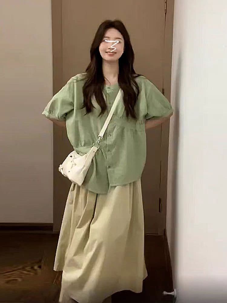 여름 드레스 코디 에이즈 환자 여성 세트 빅 사이즈 마이크로 지방 mm 표지 고기 슬림해 보이는 셔츠 맨위 반신 스커트 투피스 슈트 치마 이미지 2