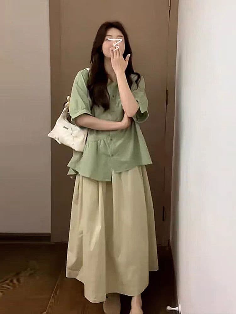 여름 드레스 코디 에이즈 환자 여성 세트 빅 사이즈 마이크로 지방 mm 표지 고기 슬림해 보이는 셔츠 맨위 반신 스커트 투피스 슈트 치마 이미지 3