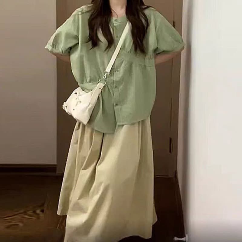 여름 드레스 코디 에이즈 환자 여성 세트 빅 사이즈 마이크로 지방 mm 표지 고기 슬림해 보이는 셔츠 맨위 반신 스커트 투피스 슈트 치마 이미지 5