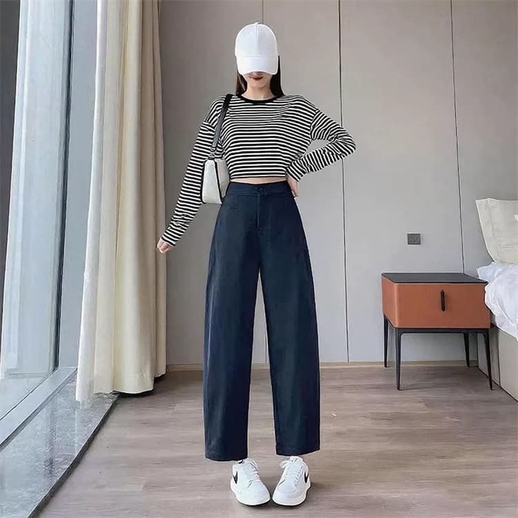 캐주얼 좁은 판 낫 바지 여성 하이웨이스트 슬림해 보이는 작은 키 9부 바지 이미지 3