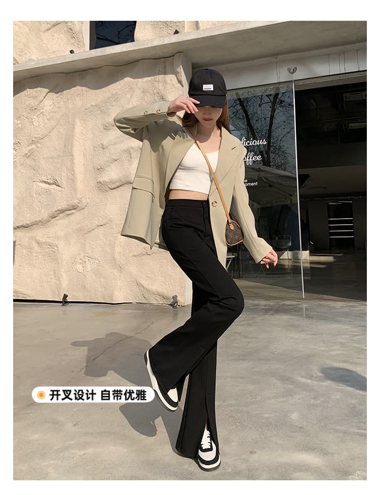 검정색 하이웨이스트 트임 바지 마이크로 나팔 슬림해 보이는 캐주얼 넓은 다리 스트레이트 팬츠 상세 이미지 4