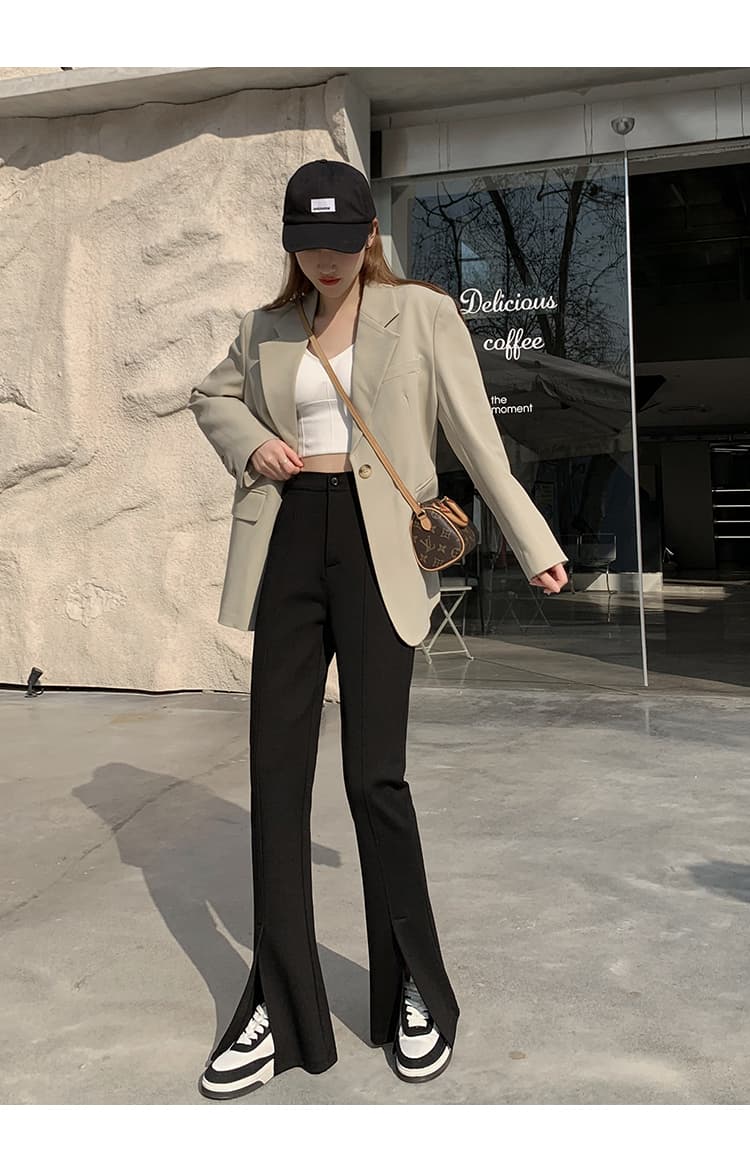 검정색 하이웨이스트 트임 바지 마이크로 나팔 슬림해 보이는 캐주얼 넓은 다리 스트레이트 팬츠 상세 이미지 12