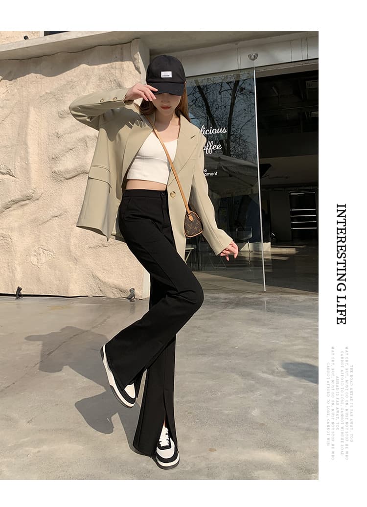검정색 하이웨이스트 트임 바지 마이크로 나팔 슬림해 보이는 캐주얼 넓은 다리 스트레이트 팬츠 상세 이미지 15