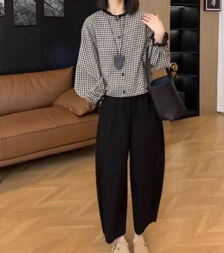 레트로 흑인과 백인 체크무늬 긴팔 셔츠 연령 감소 라운드 넥 인형 셔츠 여성 다용도 루즈핏 캐주얼 하렘 바지 세트 이미지 4
