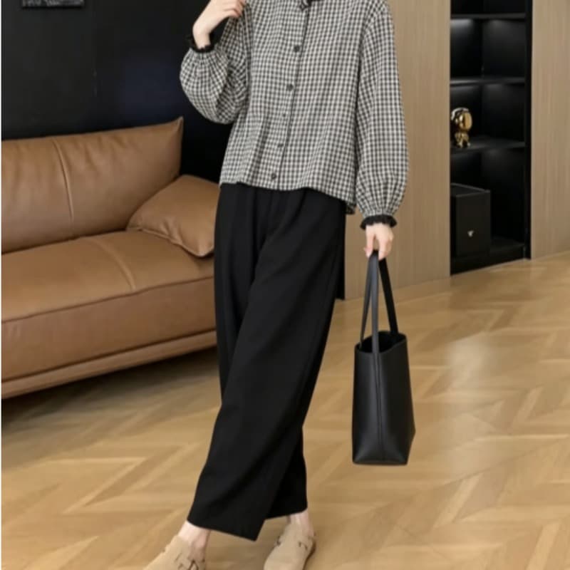 레트로 흑인과 백인 체크무늬 긴팔 셔츠 연령 감소 라운드 넥 인형 셔츠 여성 다용도 루즈핏 캐주얼 하렘 바지 세트 이미지 5