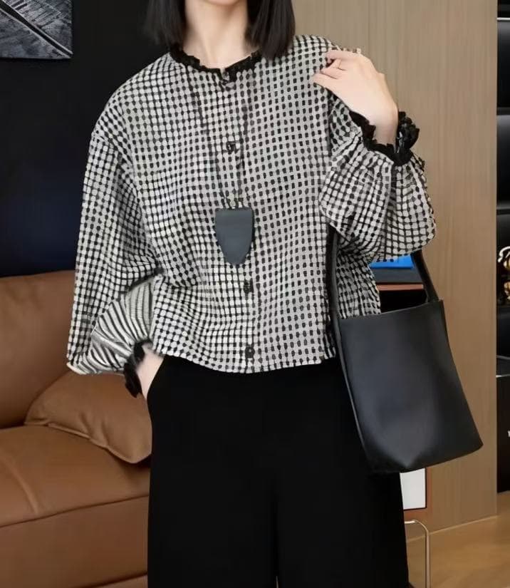 레트로 흑인과 백인 체크무늬 긴팔 셔츠 연령 감소 라운드 넥 인형 셔츠 여성 다용도 루즈핏 캐주얼 하렘 바지 세트 상세 이미지 9