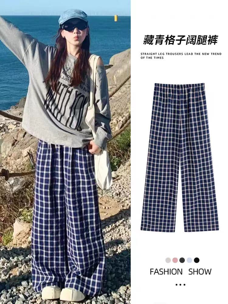 파란색 체크무늬 바지 여성 하이웨이스트 느긋한 루즈핏 굴곡 바지 도루 센스 캐주얼 와이드 레그 팬츠 상세 이미지 2