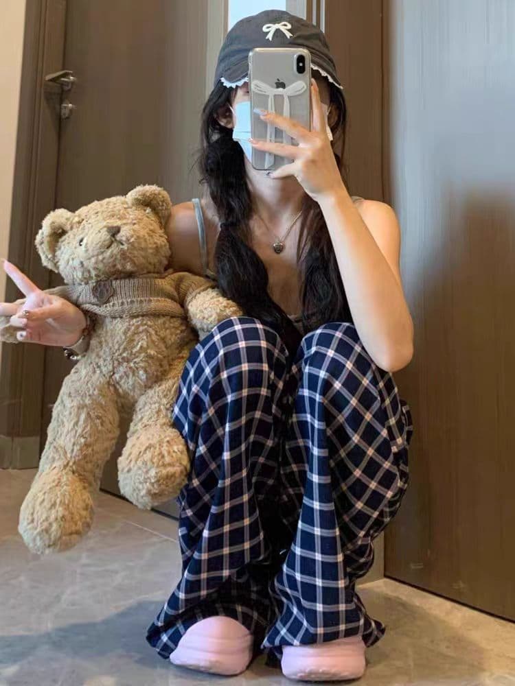 파란색 체크무늬 바지 여성 하이웨이스트 느긋한 루즈핏 굴곡 바지 도루 센스 캐주얼 와이드 레그 팬츠 상세 이미지 4
