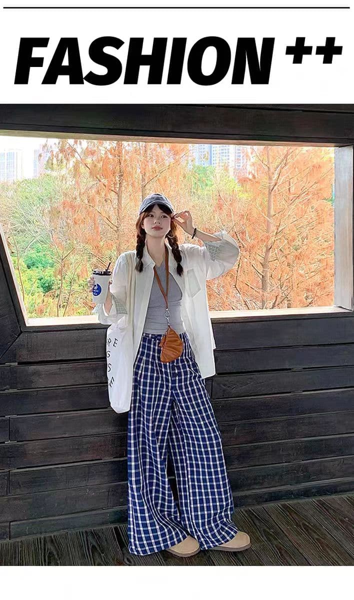 파란색 체크무늬 바지 여성 하이웨이스트 느긋한 루즈핏 굴곡 바지 도루 센스 캐주얼 와이드 레그 팬츠 상세 이미지 6