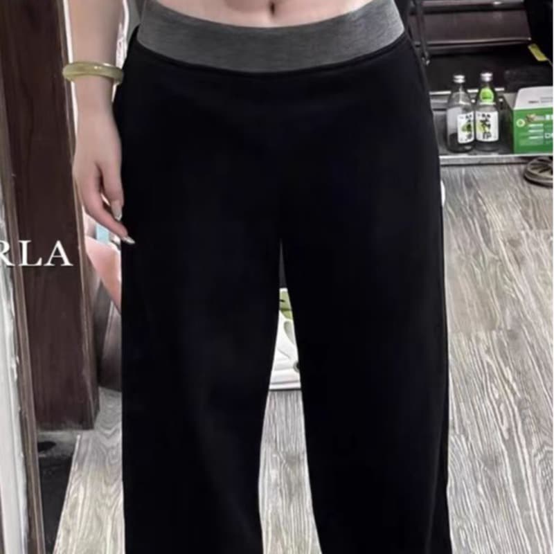 검정색 패치워크 캐주얼 운동 바지 여성 통통한 여동생 mm 하이웨이스트 루즈핏 슬림해 보이는 넓은 다리 바닥 청소 바지 이미지 5