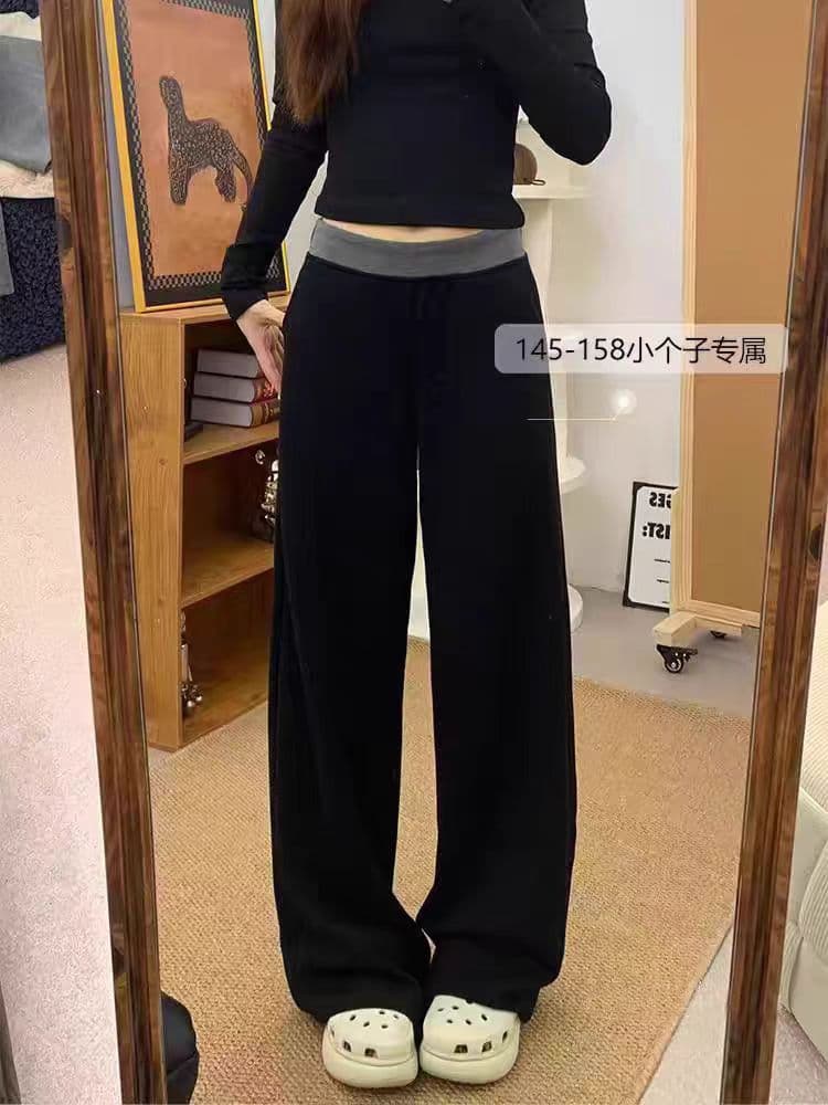 검정색 패치워크 캐주얼 운동 바지 여성 통통한 여동생 mm 하이웨이스트 루즈핏 슬림해 보이는 넓은 다리 바닥 청소 바지 상세 이미지 8