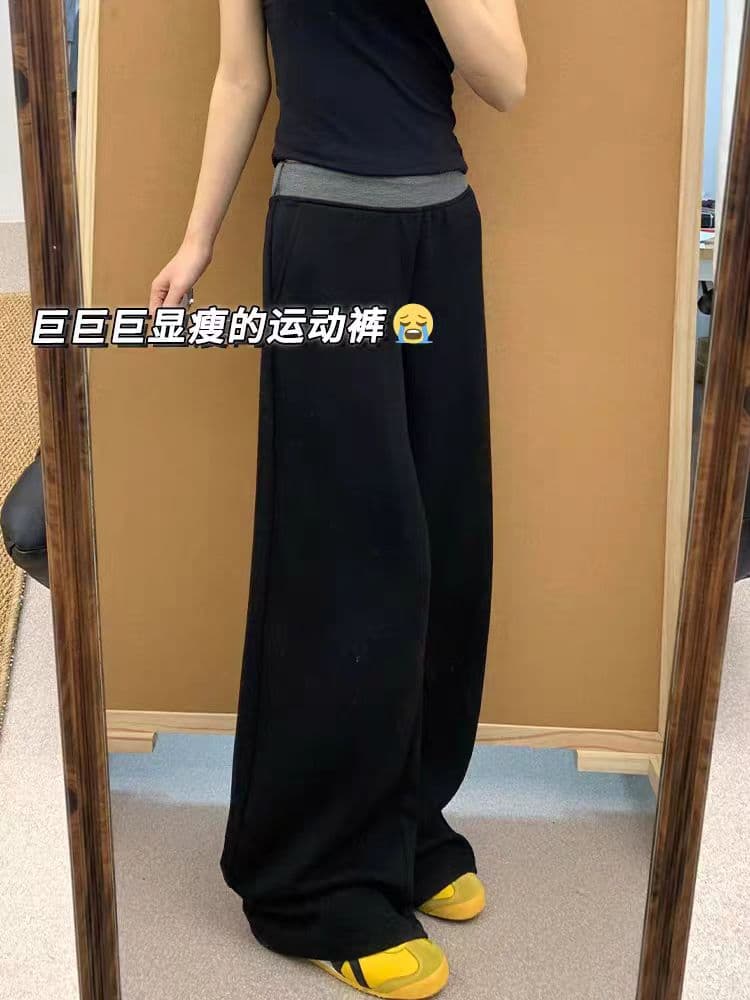 검정색 패치워크 캐주얼 운동 바지 여성 통통한 여동생 mm 하이웨이스트 루즈핏 슬림해 보이는 넓은 다리 바닥 청소 바지 상세 이미지 10