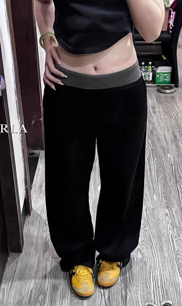 검정색 패치워크 캐주얼 운동 바지 여성 통통한 여동생 mm 하이웨이스트 루즈핏 슬림해 보이는 넓은 다리 바닥 청소 바지 상세 이미지 13
