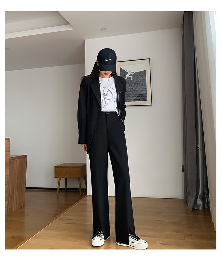 실사 정가 이전 트임 정장 바지 여성 지방 mm 루즈핏 스트레이트 하이웨이스트 도루 센스 검정색 와이드 레그 팬츠 상세 이미지 9