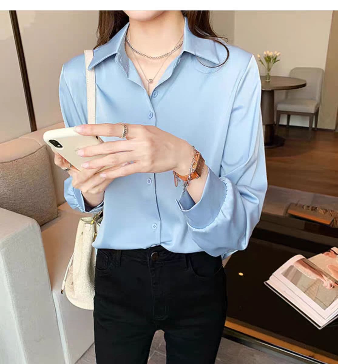 프랑스식 항구 바람 패션 포인터 칼라 빅 사이즈 화이트 여성 셔츠 경력 출퇴근 캐주얼 슬림해 보이는 긴팔 맨위 이미지 4