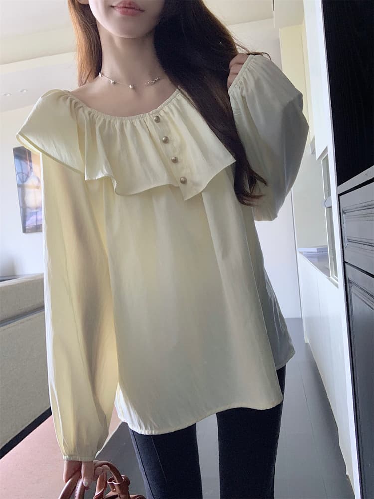 프랑스식 프릴 라운드 넥 여성 셔츠 연령 감소 슬림해 보이는 오프숄더 셔츠 상세 이미지 2