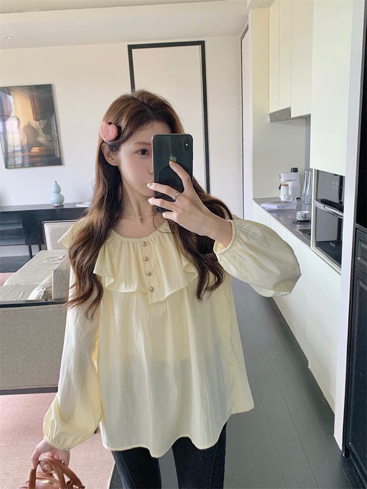 프랑스식 프릴 라운드 넥 여성 셔츠 연령 감소 슬림해 보이는 오프숄더 셔츠 상세 이미지 11