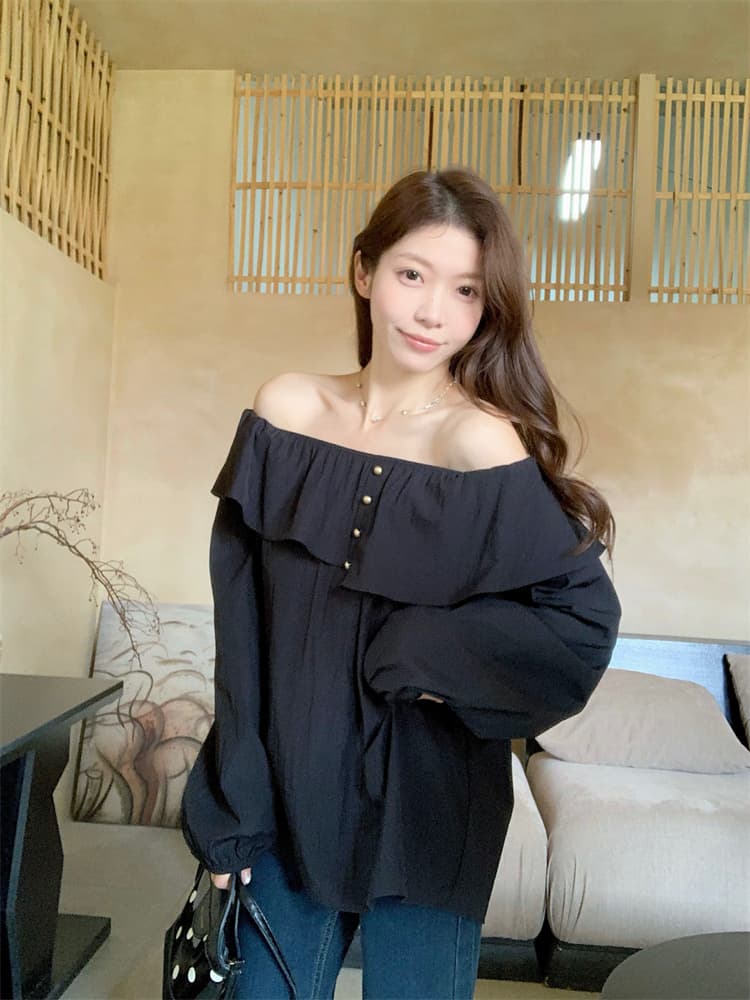 프랑스식 프릴 라운드 넥 여성 셔츠 연령 감소 슬림해 보이는 오프숄더 셔츠 상세 이미지 23
