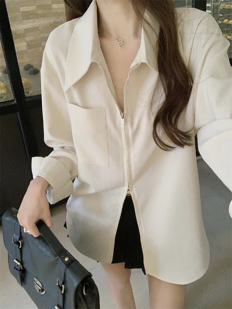 프랑스식 지퍼 화이트 긴팔 여성 셔츠 재킷 디자인 센스 품격 셔츠