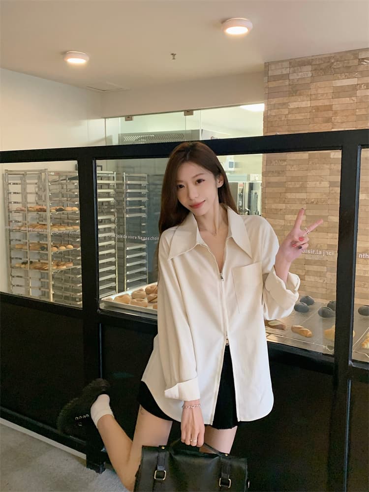 프랑스식 지퍼 화이트 긴팔 여성 셔츠 재킷 디자인 센스 품격 셔츠 상세 이미지 4