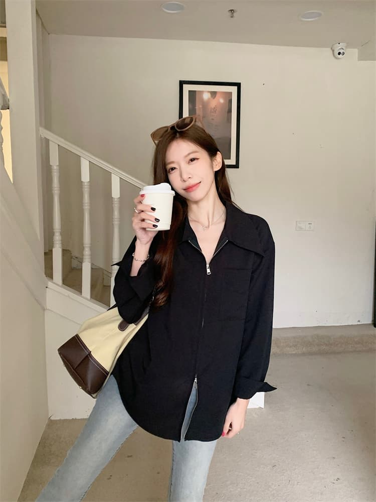 프랑스식 지퍼 화이트 긴팔 여성 셔츠 재킷 디자인 센스 품격 셔츠 상세 이미지 24