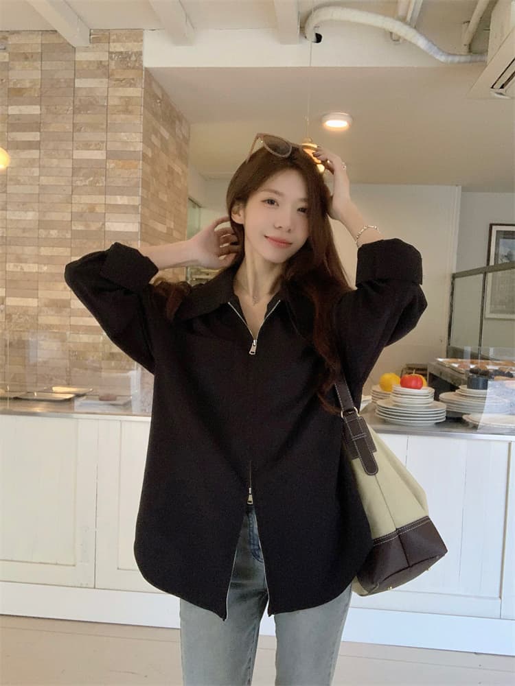 프랑스식 지퍼 화이트 긴팔 여성 셔츠 재킷 디자인 센스 품격 셔츠 상세 이미지 30