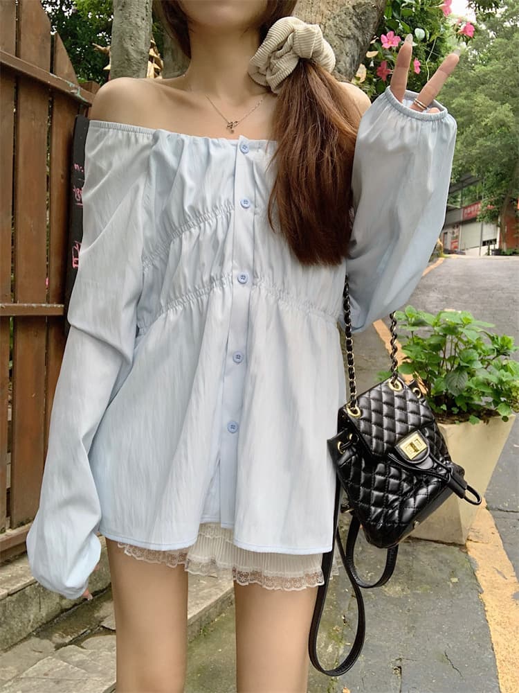 빅 사이즈 긴팔 셔츠 라운드 넥 긍정적 인 어깨 거품 소매 지방 mm 표지 배 맨위 상세 이미지 19