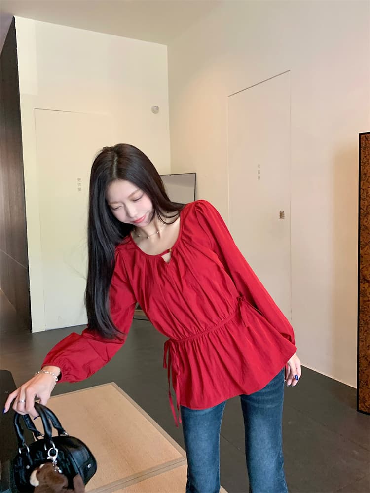 디자인 센스 레이스업 허리 수축 화이트 긴팔 여성 셔츠 루즈핏 연령 감소 인형 셔츠 맨위 상세 이미지 17