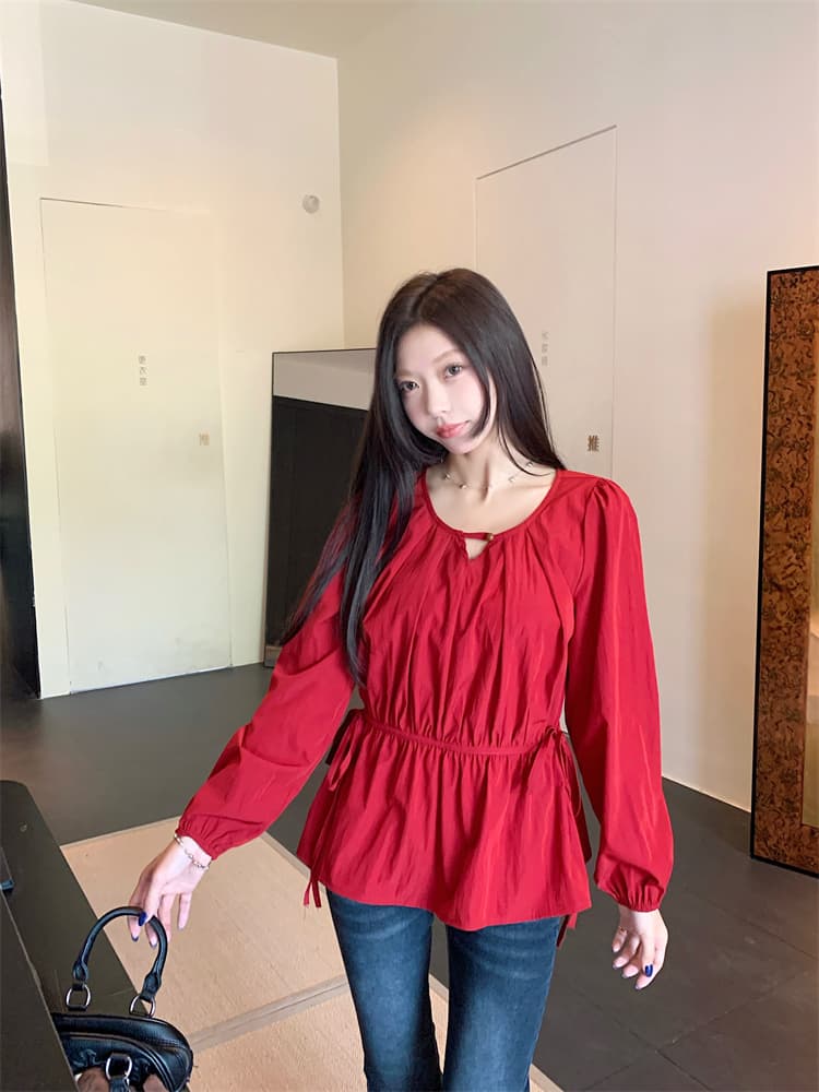 디자인 센스 레이스업 허리 수축 화이트 긴팔 여성 셔츠 루즈핏 연령 감소 인형 셔츠 맨위 상세 이미지 18