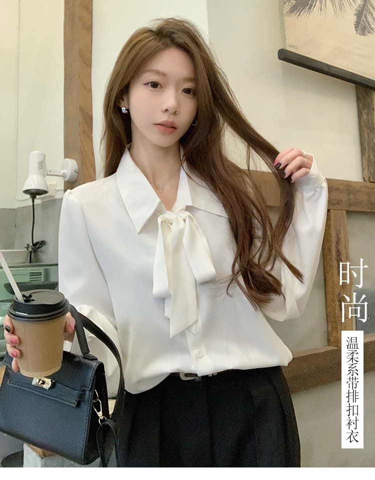 벌룬 소매 나비 매듭 셔츠 화이트 출퇴근 셔츠 여성 긍정적 인 로드 중 리본 디자인 센스 맨위 상세 이미지 1