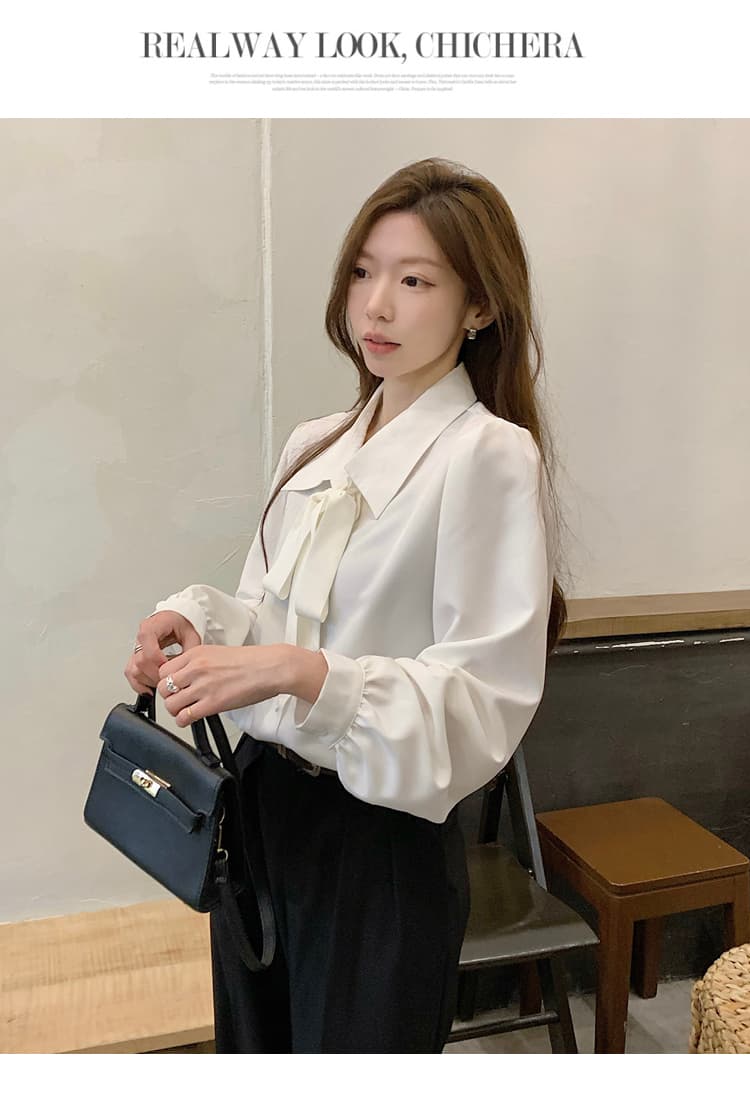 벌룬 소매 나비 매듭 셔츠 화이트 출퇴근 셔츠 여성 긍정적 인 로드 중 리본 디자인 센스 맨위 상세 이미지 20