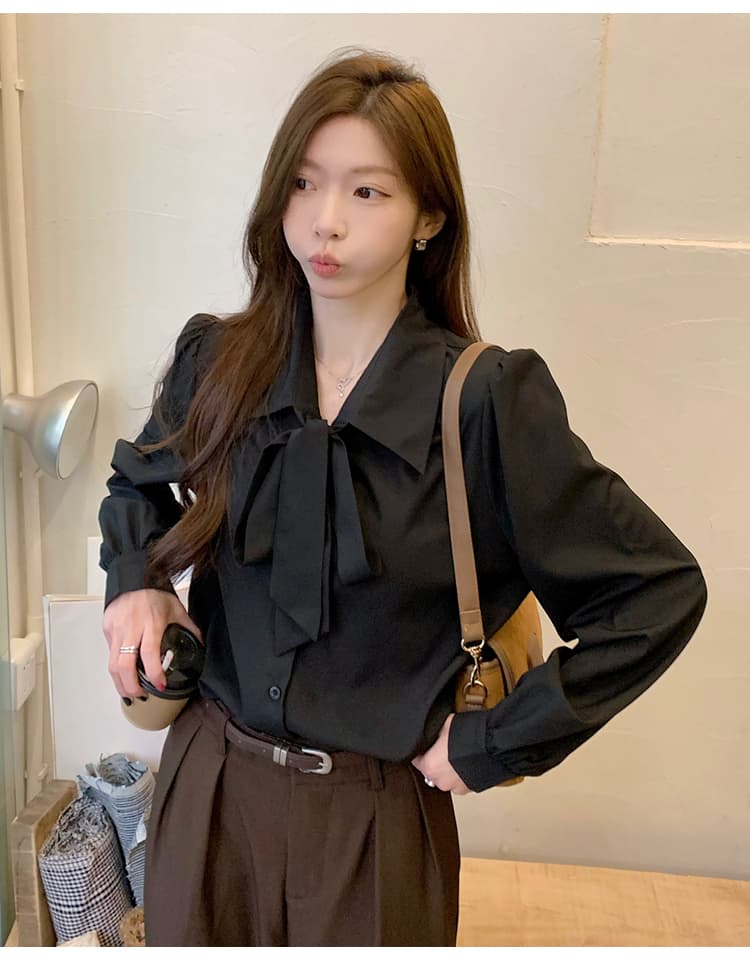 벌룬 소매 나비 매듭 셔츠 화이트 출퇴근 셔츠 여성 긍정적 인 로드 중 리본 디자인 센스 맨위 상세 이미지 28