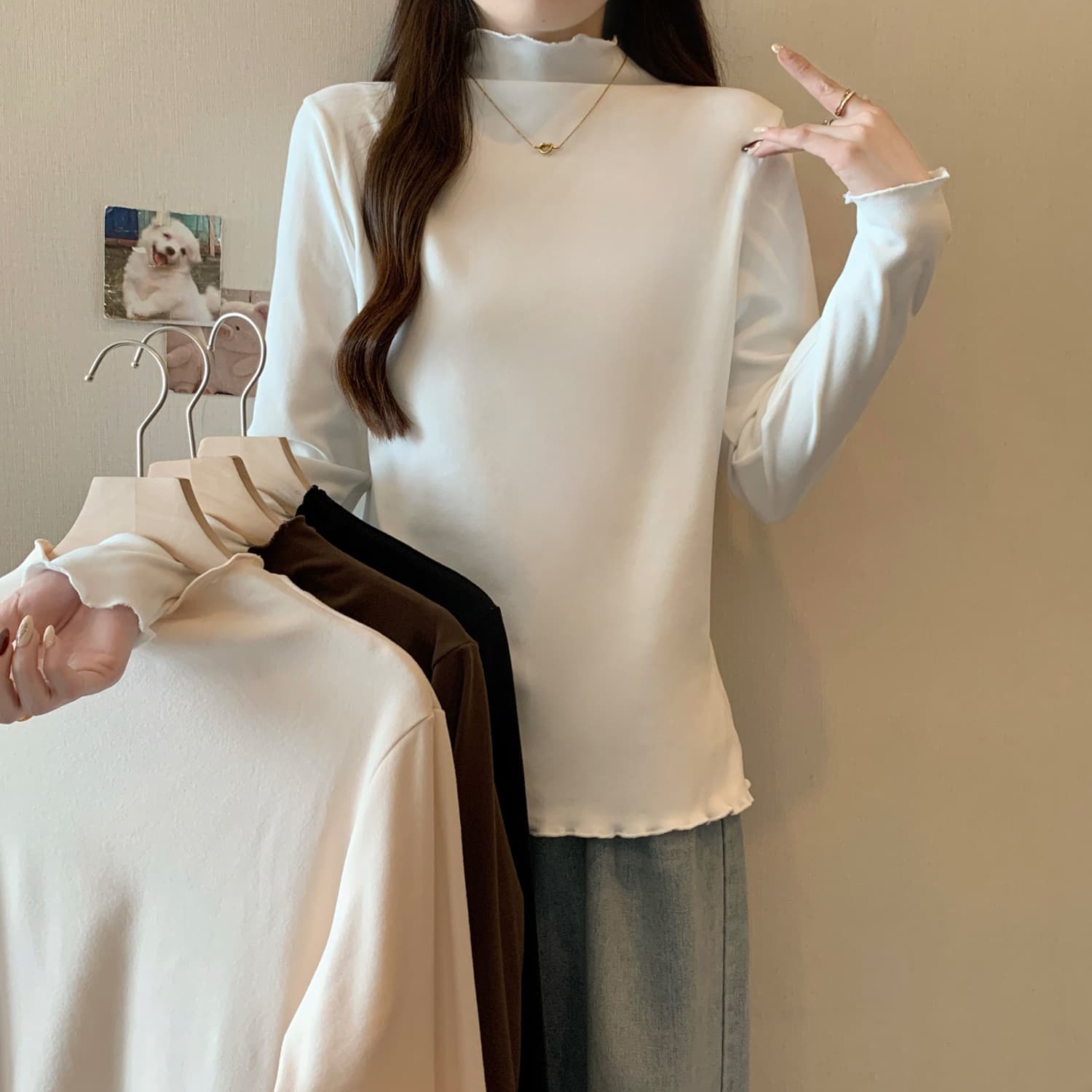 반하이넥 De 플러시 기본 셔츠 여성 가을 겨울 인사이드 가져 가라. 하나 플러시 긴팔 프릴 맨위 이미지 2
