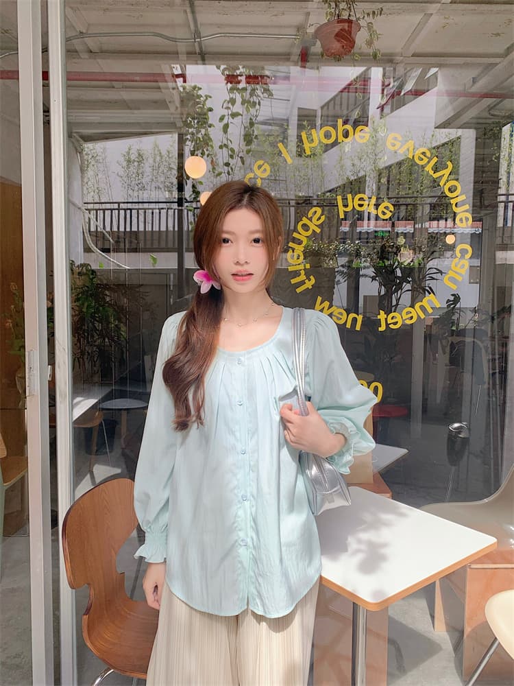 프랑스식 긴팔 여성 셔츠 루즈핏 표지 배 주름 장식 맨위 마이크로 지방 캐주얼 셔츠 이미지 2