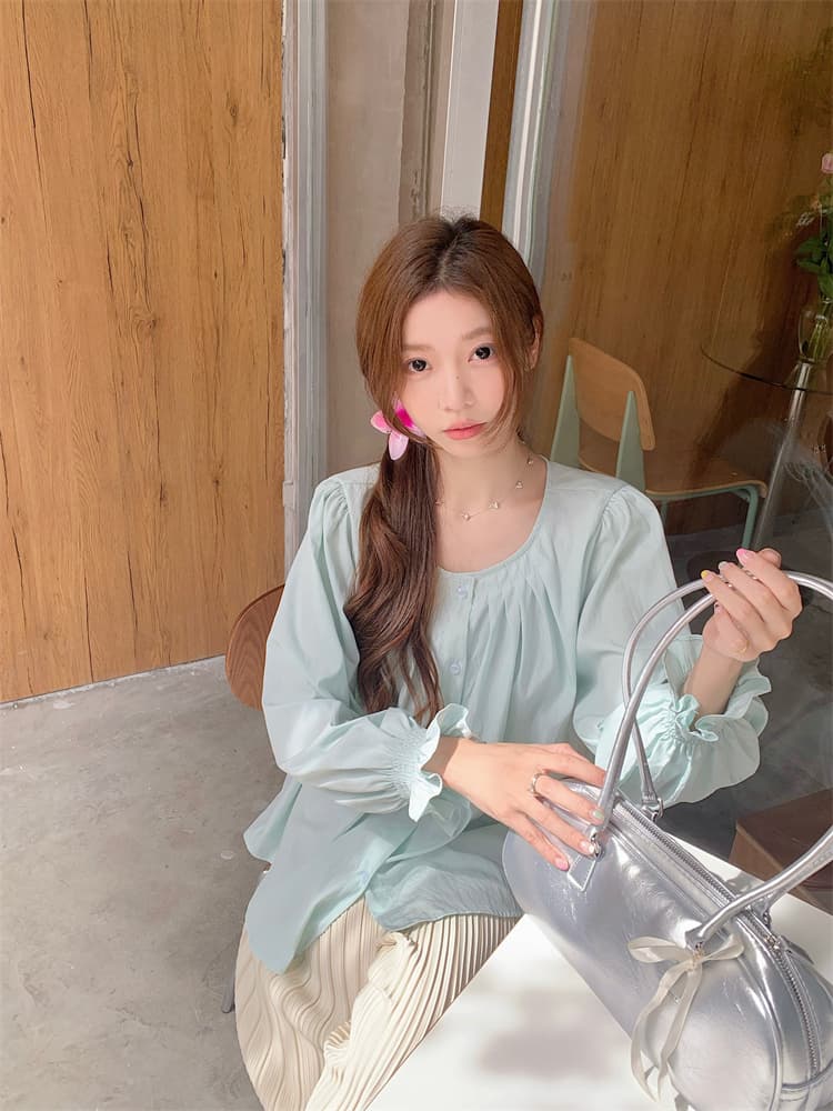 프랑스식 긴팔 여성 셔츠 루즈핏 표지 배 주름 장식 맨위 마이크로 지방 캐주얼 셔츠 상세 이미지 5