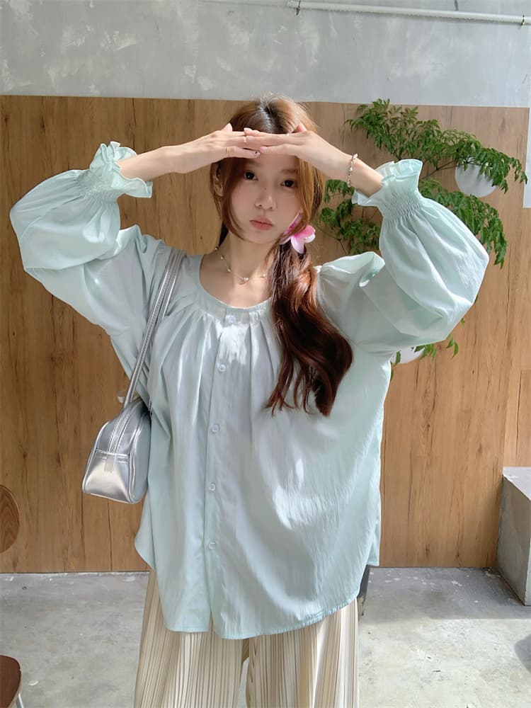 프랑스식 긴팔 여성 셔츠 루즈핏 표지 배 주름 장식 맨위 마이크로 지방 캐주얼 셔츠 상세 이미지 8