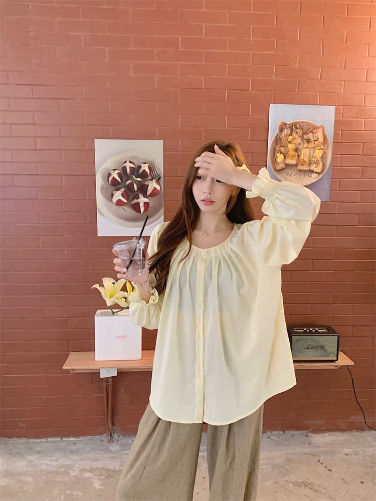 프랑스식 긴팔 여성 셔츠 루즈핏 표지 배 주름 장식 맨위 마이크로 지방 캐주얼 셔츠 상세 이미지 23