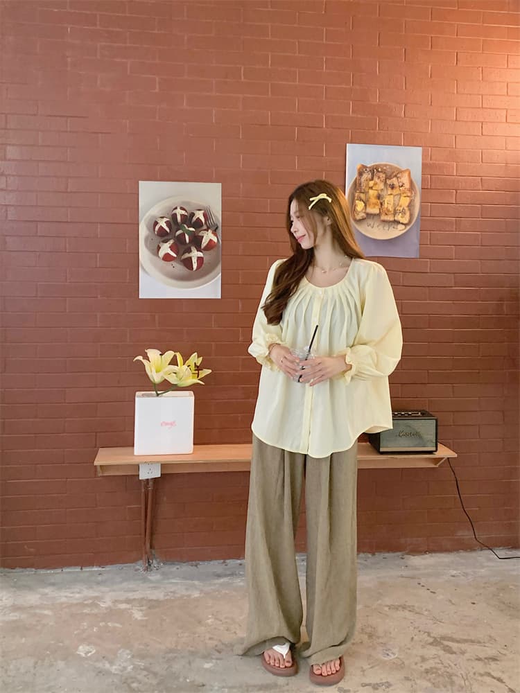 프랑스식 긴팔 여성 셔츠 루즈핏 표지 배 주름 장식 맨위 마이크로 지방 캐주얼 셔츠 상세 이미지 24