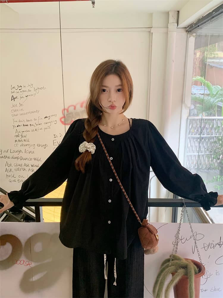프랑스식 긴팔 여성 셔츠 루즈핏 표지 배 주름 장식 맨위 마이크로 지방 캐주얼 셔츠 상세 이미지 37