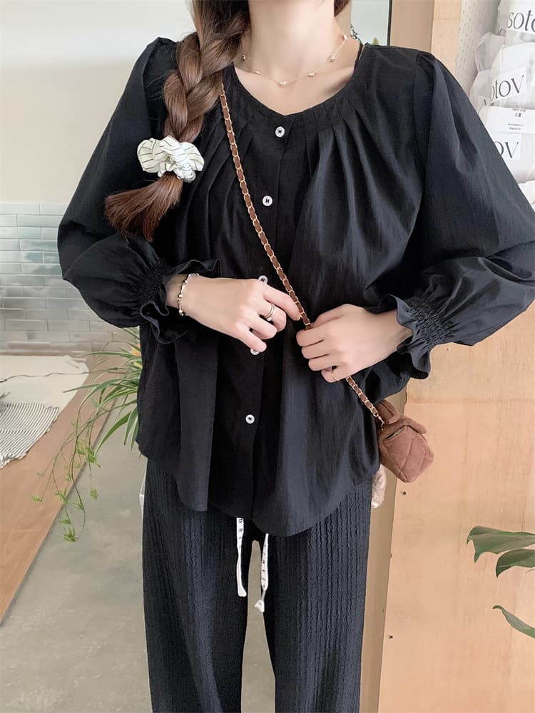 프랑스식 긴팔 여성 셔츠 루즈핏 표지 배 주름 장식 맨위 마이크로 지방 캐주얼 셔츠 상세 이미지 41