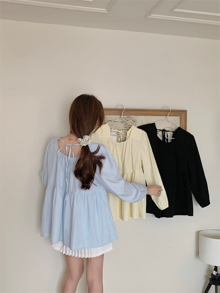 프랑스식 긴팔 달콤한 미국 칼라 긍정적 인 어깨 반팔 여성 셔츠 허리 수축 슬림해 보이는 맨위 상세 이미지 18