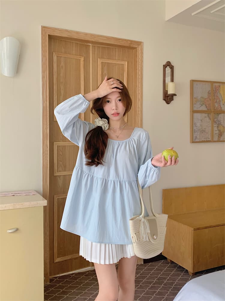 프랑스식 긴팔 달콤한 미국 칼라 긍정적 인 어깨 반팔 여성 셔츠 허리 수축 슬림해 보이는 맨위 상세 이미지 27