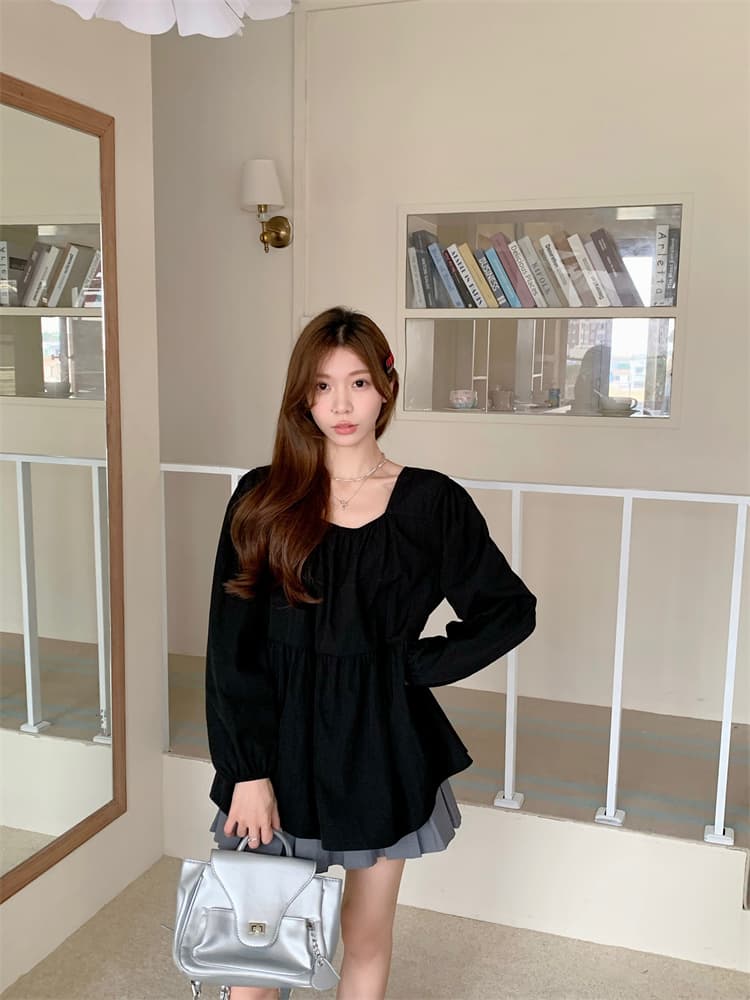 프랑스식 긴팔 달콤한 미국 칼라 긍정적 인 어깨 반팔 여성 셔츠 허리 수축 슬림해 보이는 맨위 상세 이미지 42