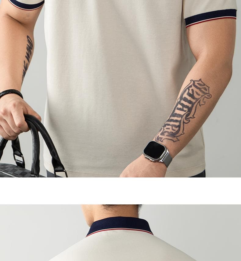 오래된 돈 추세 럭셔리 빛 럭셔리 배색 차가운 센스 구슬 그라운드 면 POLO 셔츠 반팔 남자 여름 고급 비즈니스 폴로 칼라 T 상세 이미지 14