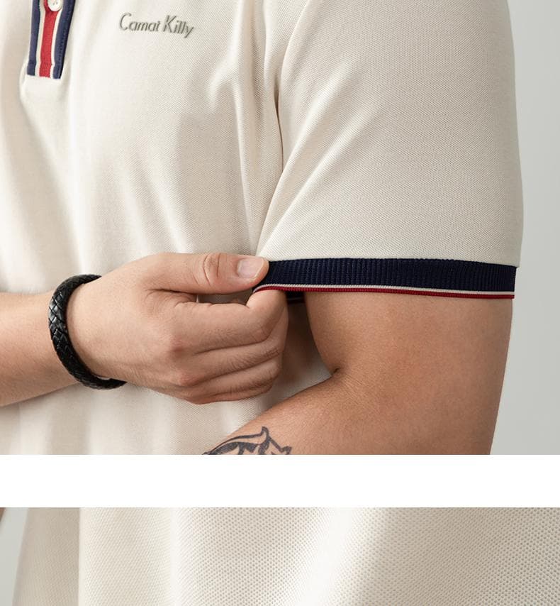 오래된 돈 추세 럭셔리 빛 럭셔리 배색 차가운 센스 구슬 그라운드 면 POLO 셔츠 반팔 남자 여름 고급 비즈니스 폴로 칼라 T 상세 이미지 18