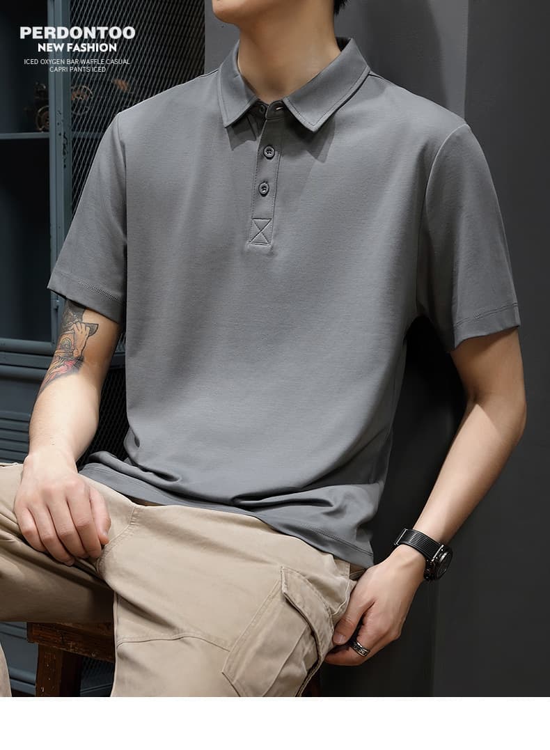 차가운 센스 240g 액 모 늄 실광택 코튼 POLO 셔츠 남자 여름 얼음 실크 폴로 칼라 반팔 티셔츠 화이트 고급 폴 셔츠 상세 이미지 1