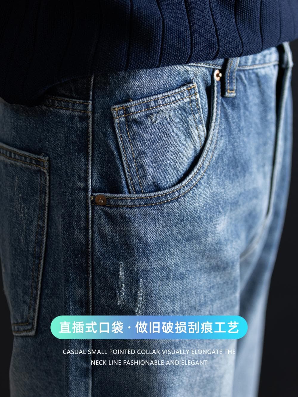 마 오래된 스크래치 디자인 워싱 프로 피부 면 남성 청바지 여름 새로운 저항 주름 편안함 와이드 레그 팬츠 이미지 3