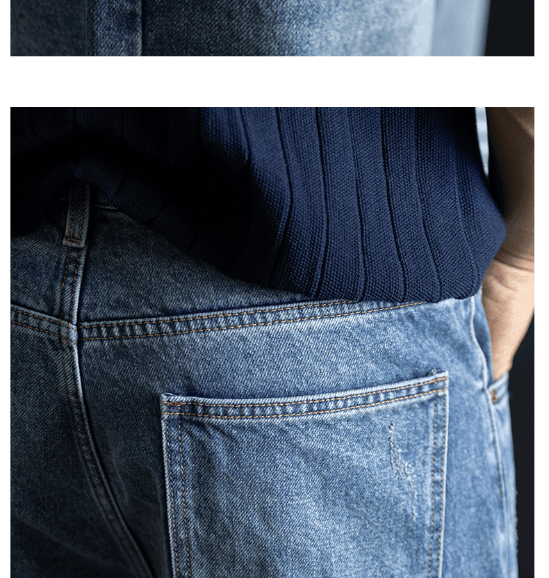 마 오래된 스크래치 디자인 워싱 프로 피부 면 남성 청바지 여름 새로운 저항 주름 편안함 와이드 레그 팬츠 상세 이미지 10