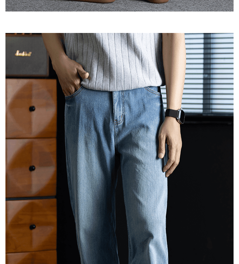 마 오래된 스크래치 디자인 워싱 프로 피부 면 남성 청바지 여름 새로운 저항 주름 편안함 와이드 레그 팬츠 상세 이미지 17